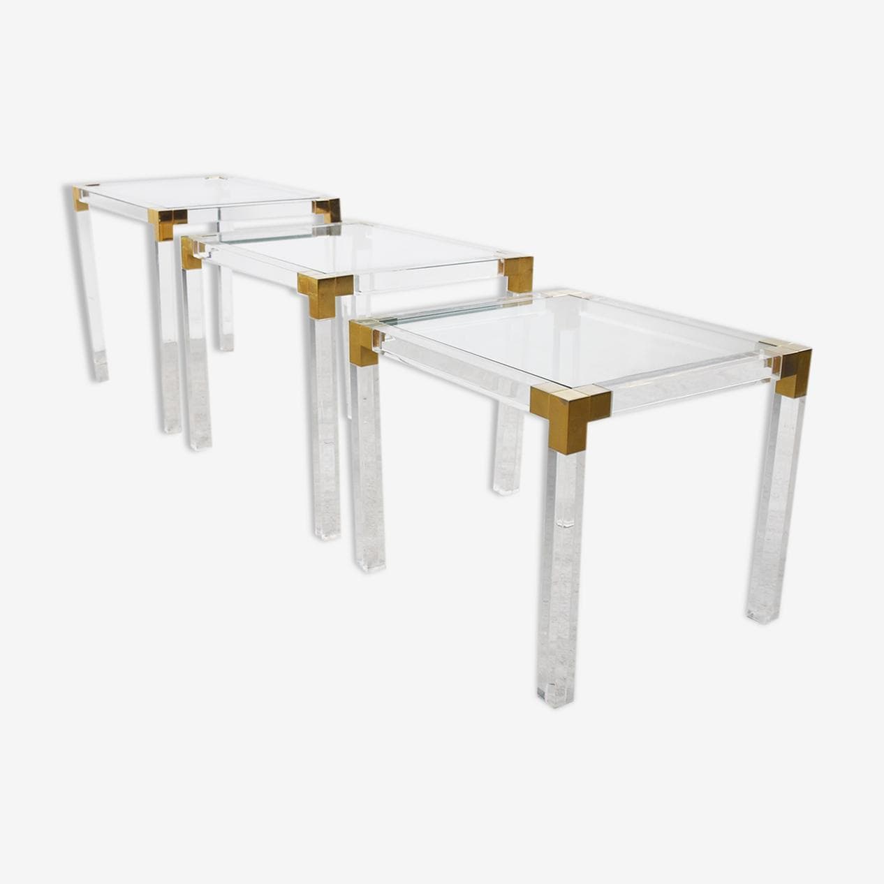 Zestaw trzech stolików typu nesting, lucyt transparentny, mosiądz, szkło, Francja, lata 70. - 265936