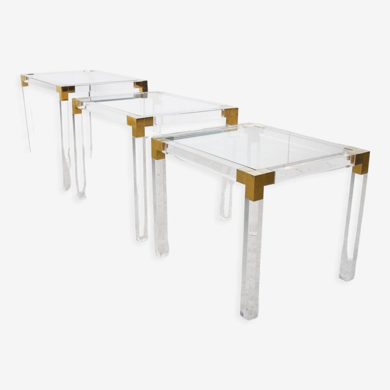 Zestaw trzech stolików typu nesting, lucyt transparentny, mosiądz, szkło, Francja, lata 70. - 265934