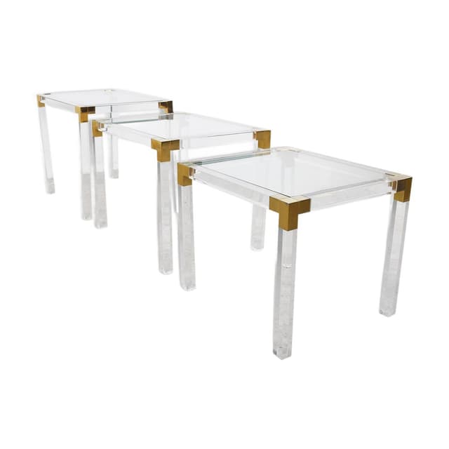 Zestaw trzech stolików typu nesting, lucyt transparentny, mosiądz, szkło, Francja, lata 70. - WYMIARY
