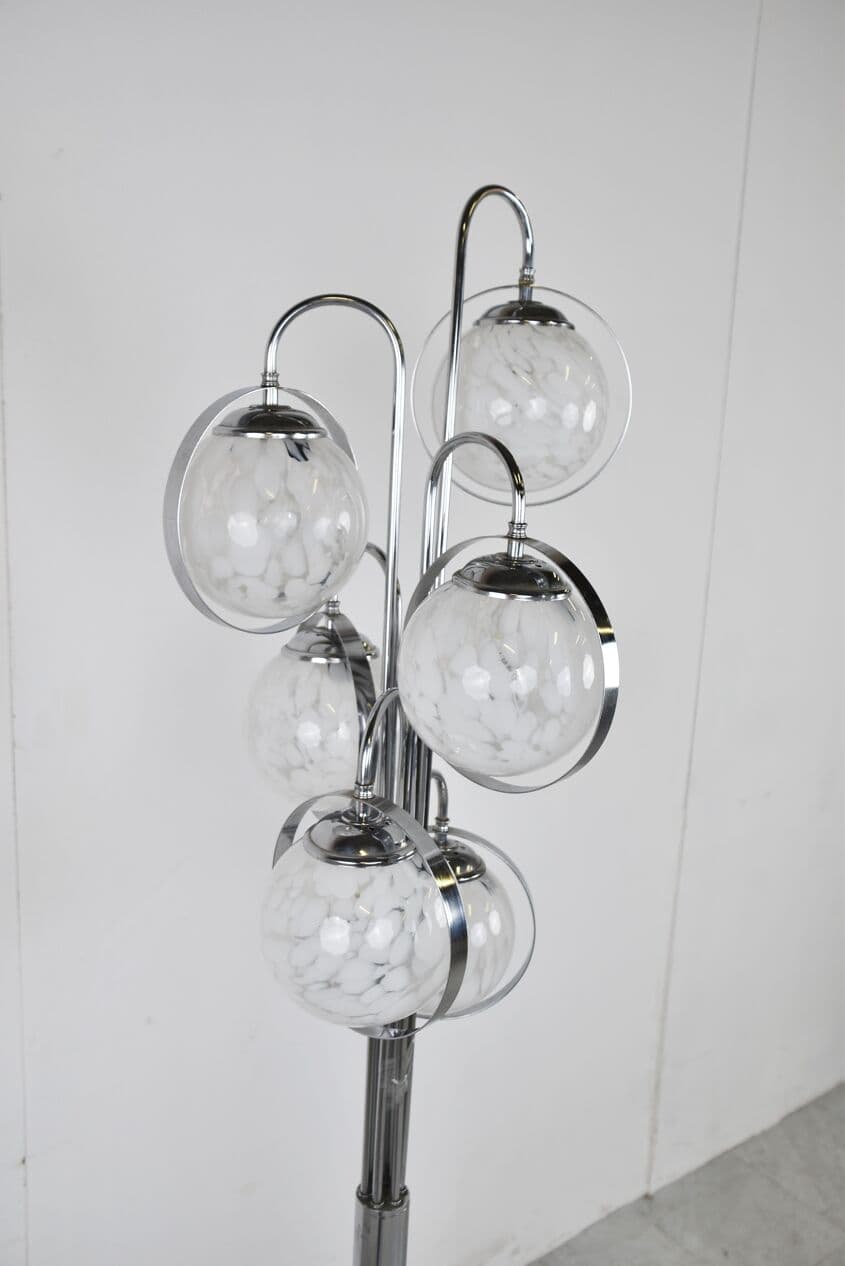 Lampa podłogowa Space Age, szkło Murano białe, chrom, marmur biały, Włochy, lata 70. - 265927