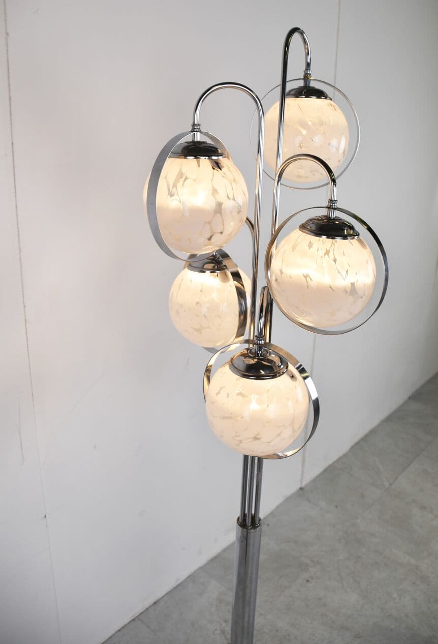 Lampa podłogowa Space Age, szkło Murano białe, chrom, marmur biały, Włochy, lata 70. - 265918