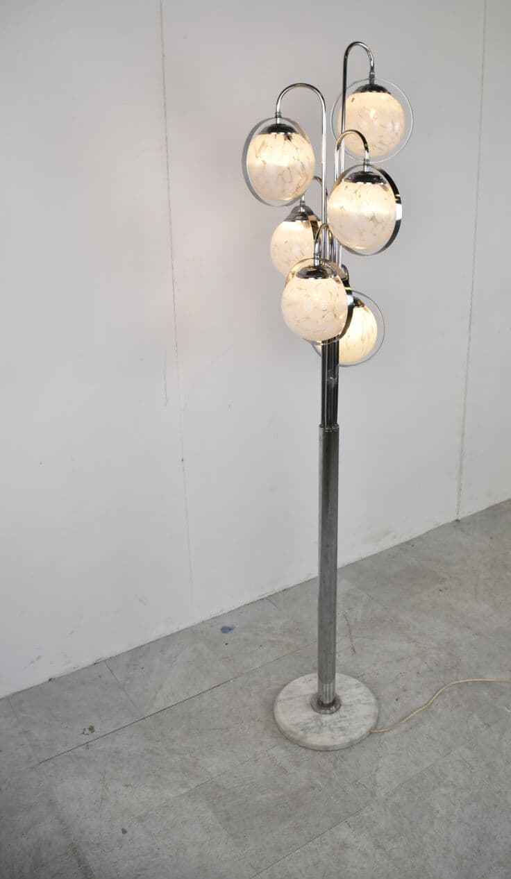 Lampa podłogowa Space Age, szkło Murano białe, chrom, marmur biały, Włochy, lata 70. - 265930