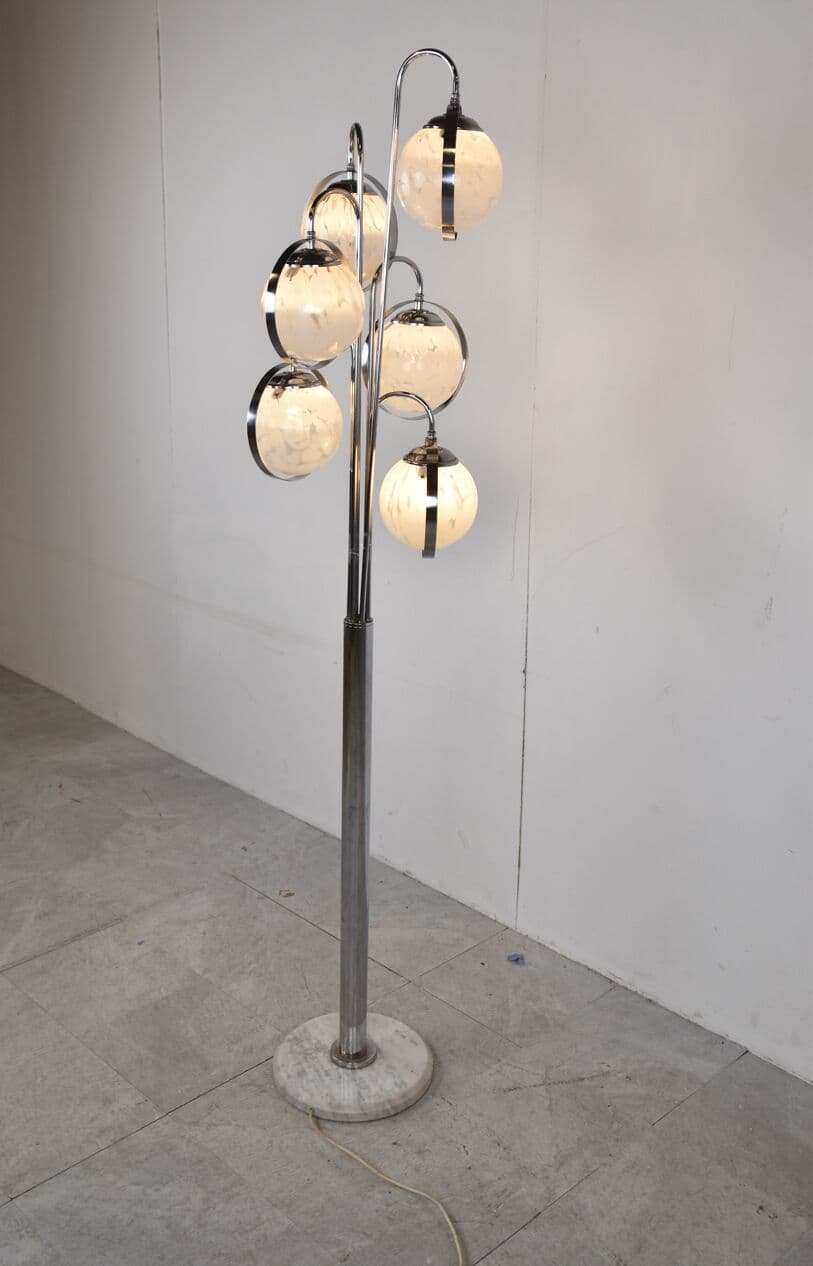 Lampa podłogowa Space Age, szkło Murano białe, chrom, marmur biały, Włochy, lata 70. - 265931