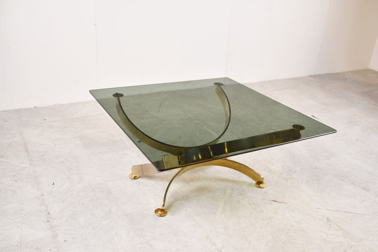 Coffee table, gold brass, smoked glass, Italy, 1970s. - 265916