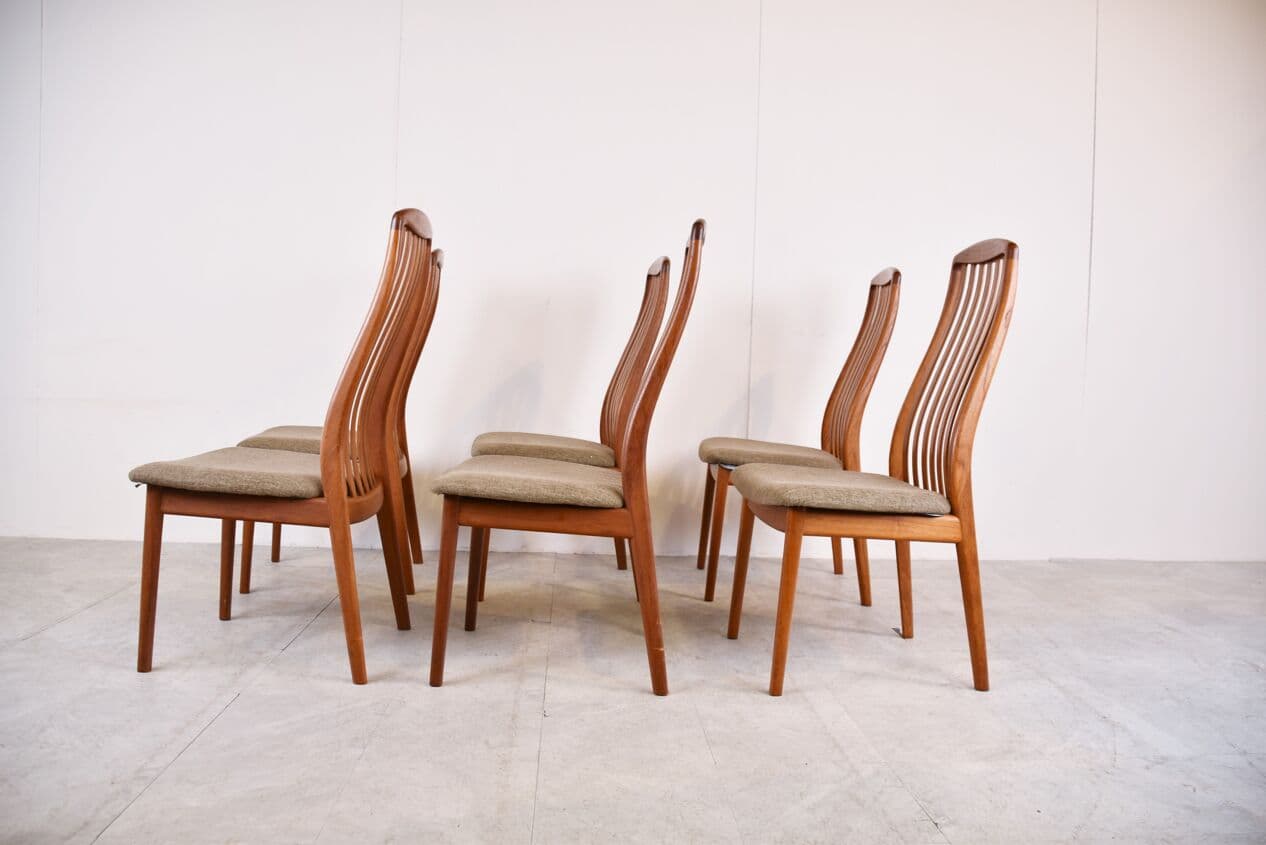 Set of six EVA dining chairs, brown wood, beige fabric, by N. Koefoed, Denmark, 1960s. - 265890