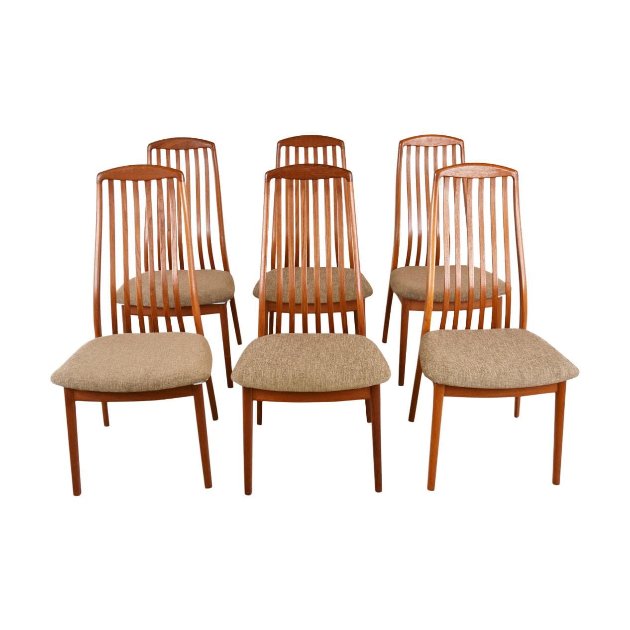 Set of six EVA dining chairs, brown wood, beige fabric, by N. Koefoed, Denmark, 1960s.