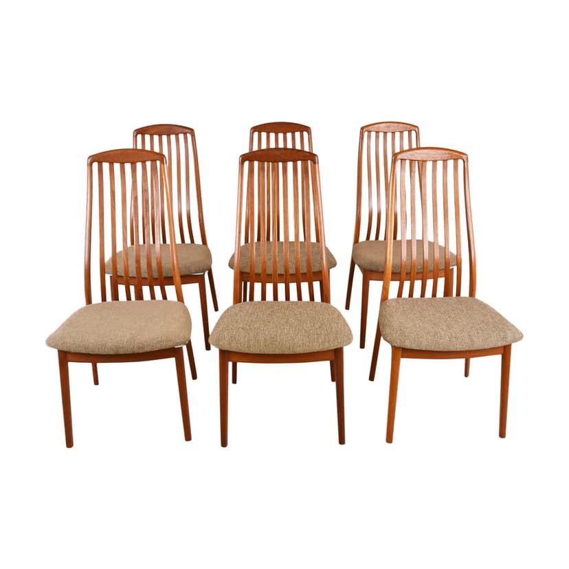 Set of six EVA dining chairs, brown wood, beige fabric, by N. Koefoed, Denmark, 1960s.