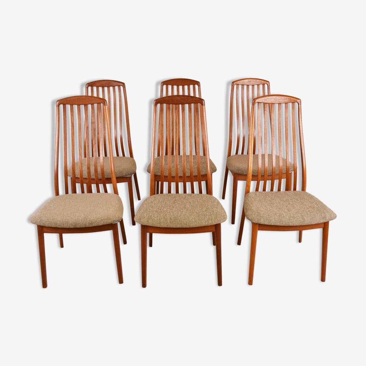 Set of six EVA dining chairs, brown wood, beige fabric, by N. Koefoed, Denmark, 1960s. - 265886