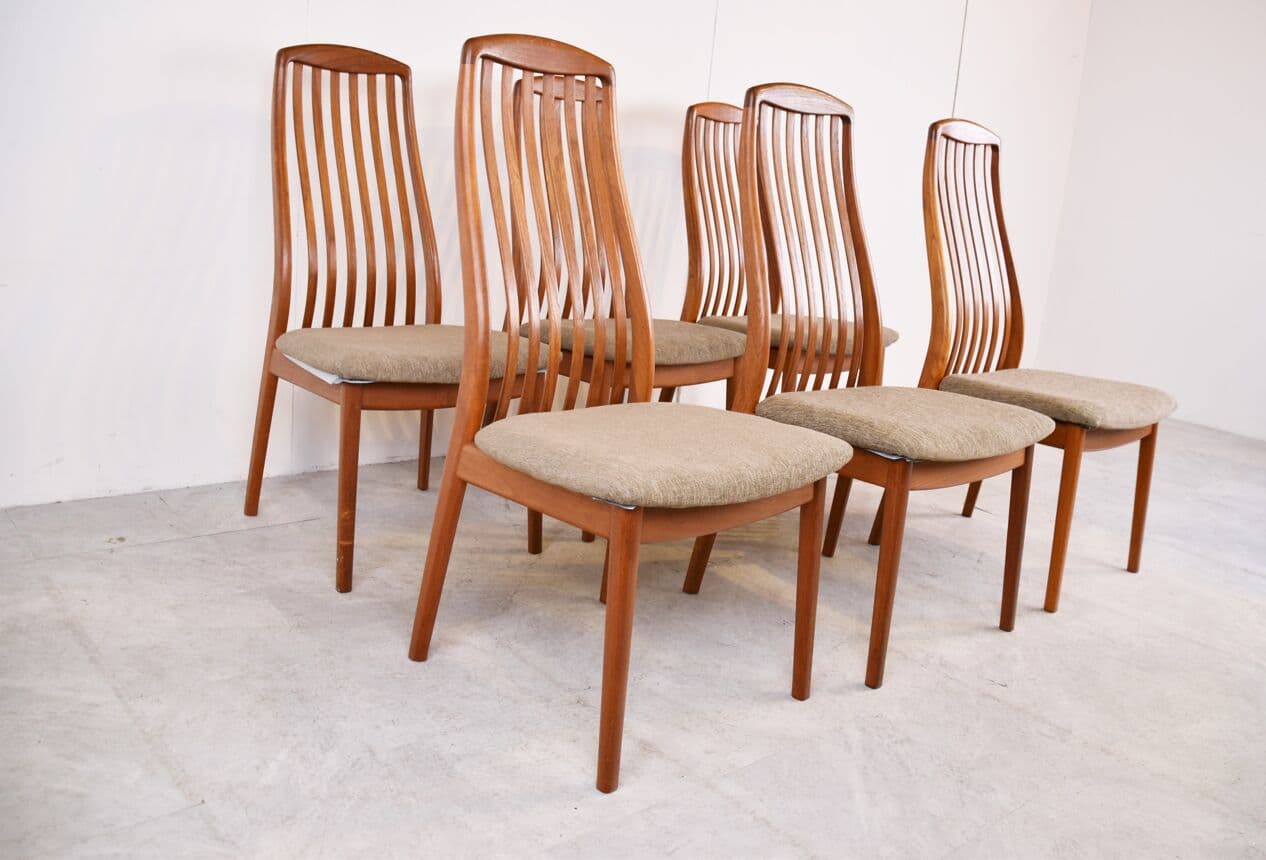 Set of six EVA dining chairs, brown wood, beige fabric, by N. Koefoed, Denmark, 1960s. - 265888