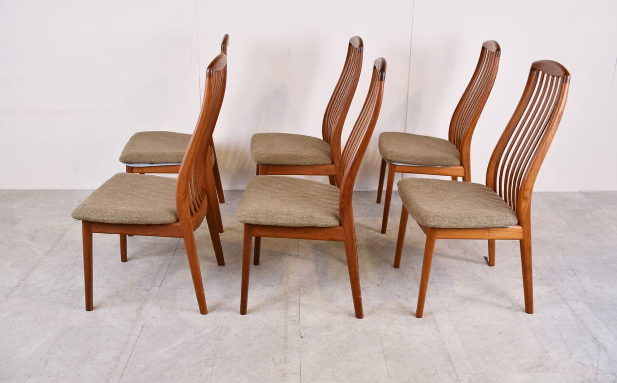 Set of six EVA dining chairs, brown wood, beige fabric, by N. Koefoed, Denmark, 1960s. - 265889