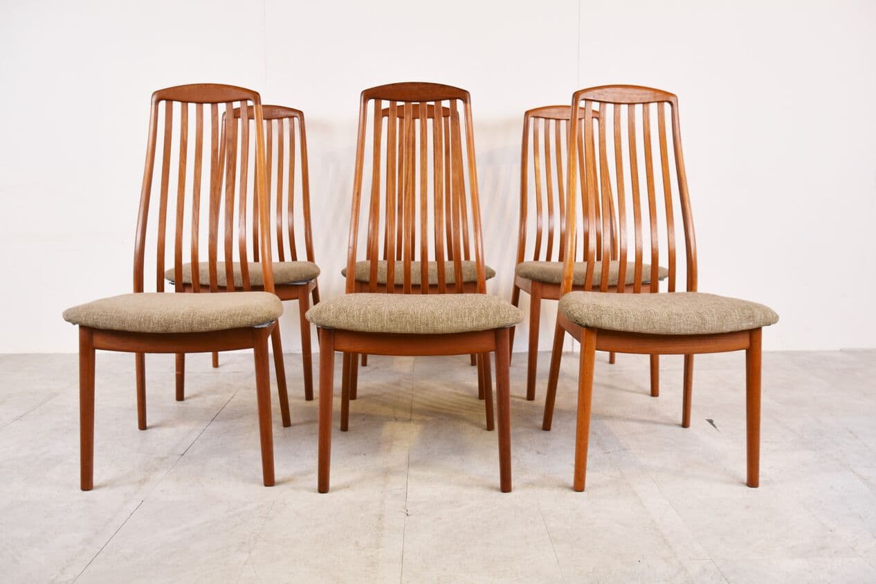 Set of six EVA dining chairs, brown wood, beige fabric, by N. Koefoed, Denmark, 1960s. - 265887