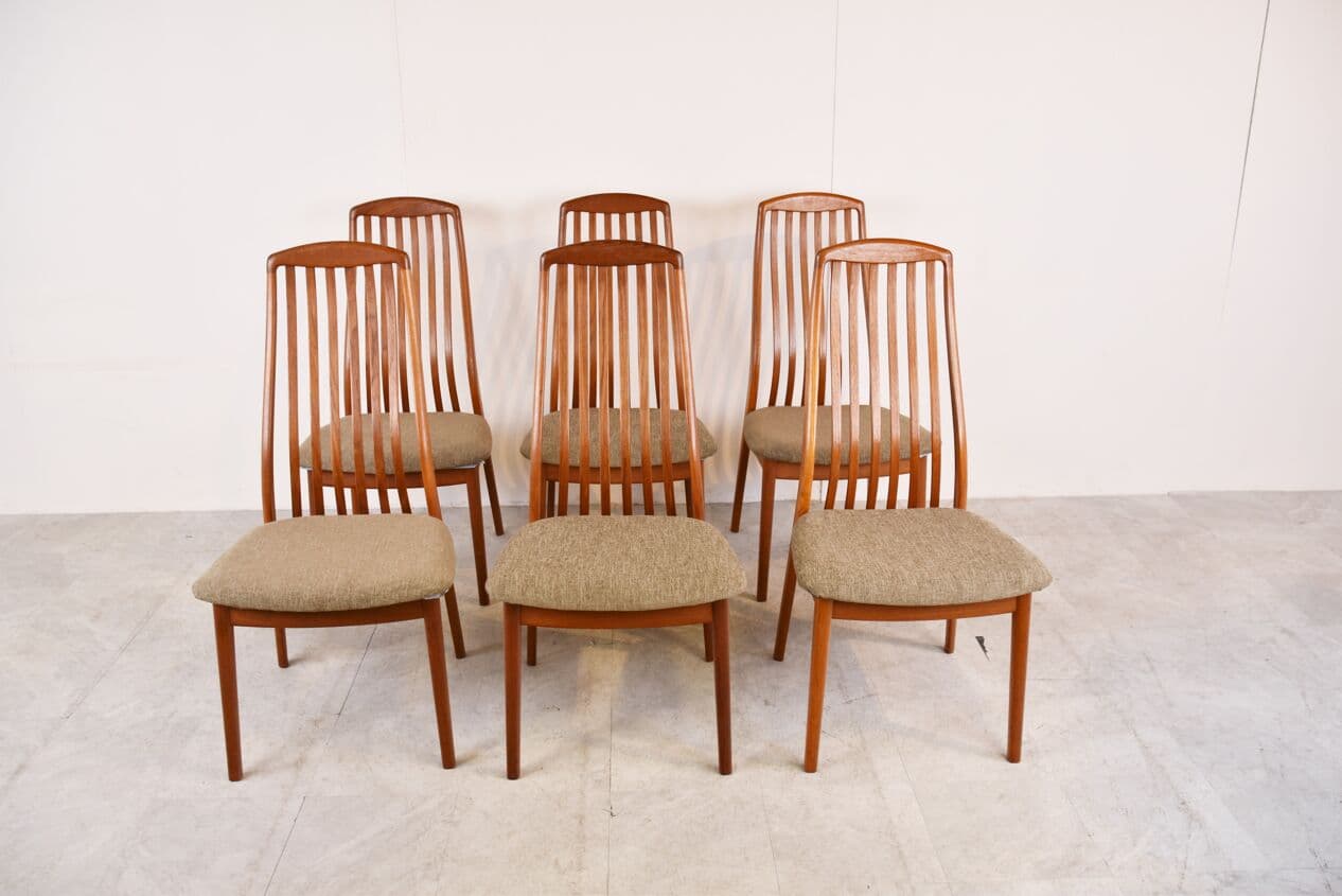 Set of six EVA dining chairs, brown wood, beige fabric, by N. Koefoed, Denmark, 1960s. - 265885