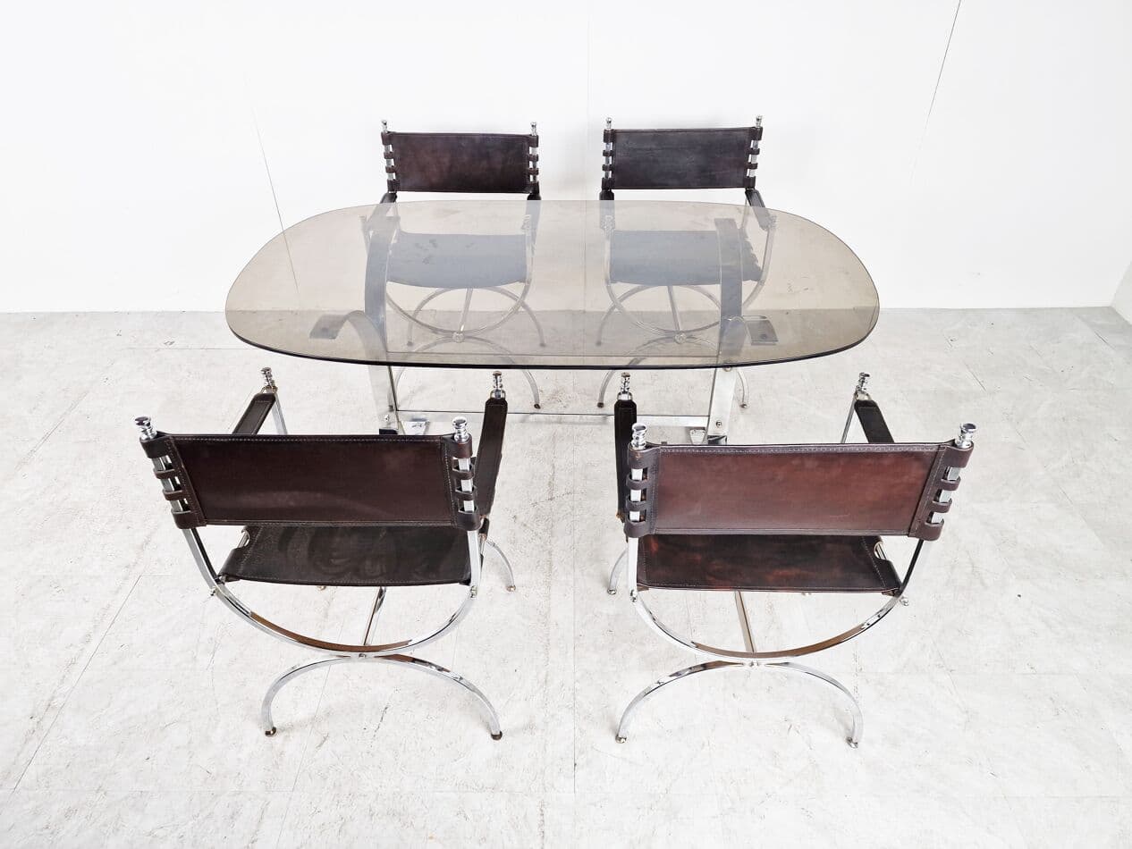 Zestaw jadalniany, skóra brązowa, stal chromowana, szkło przyciemniane, Francja, lata 60. - 265837