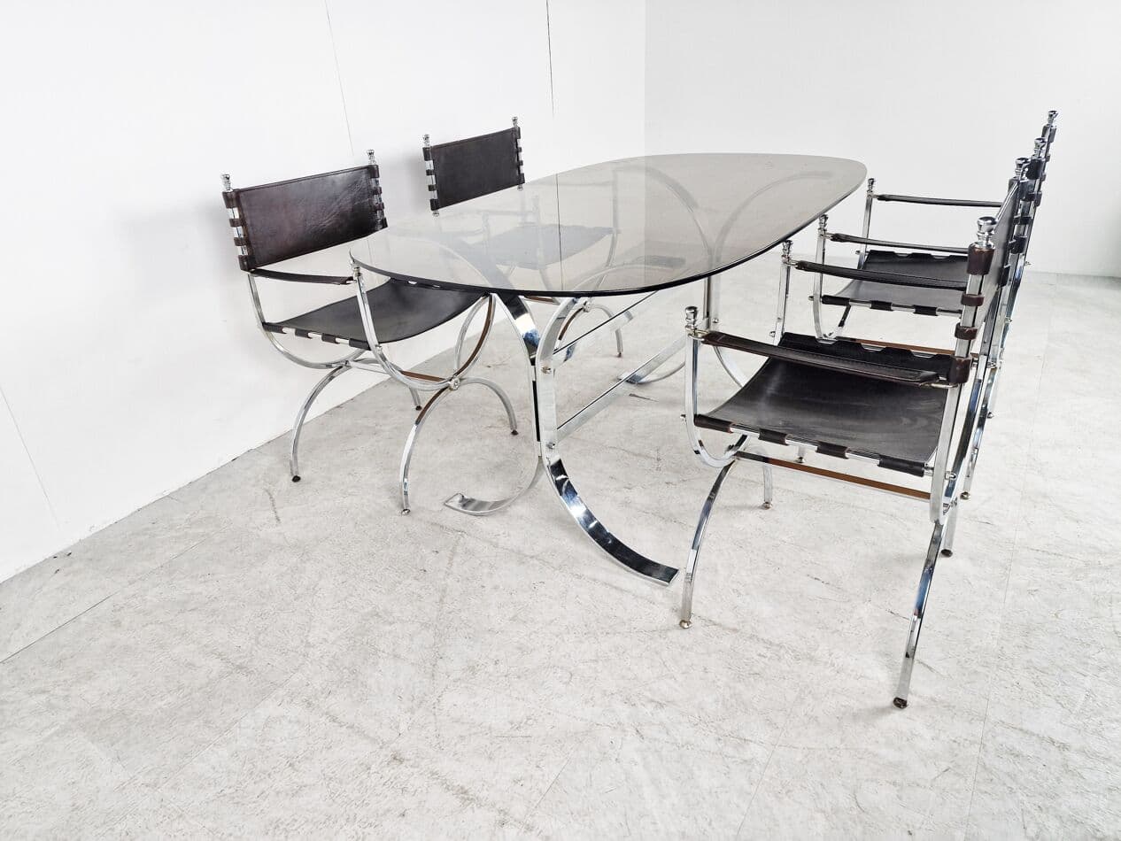 Zestaw jadalniany, skóra brązowa, stal chromowana, szkło przyciemniane, Francja, lata 60. - 265842