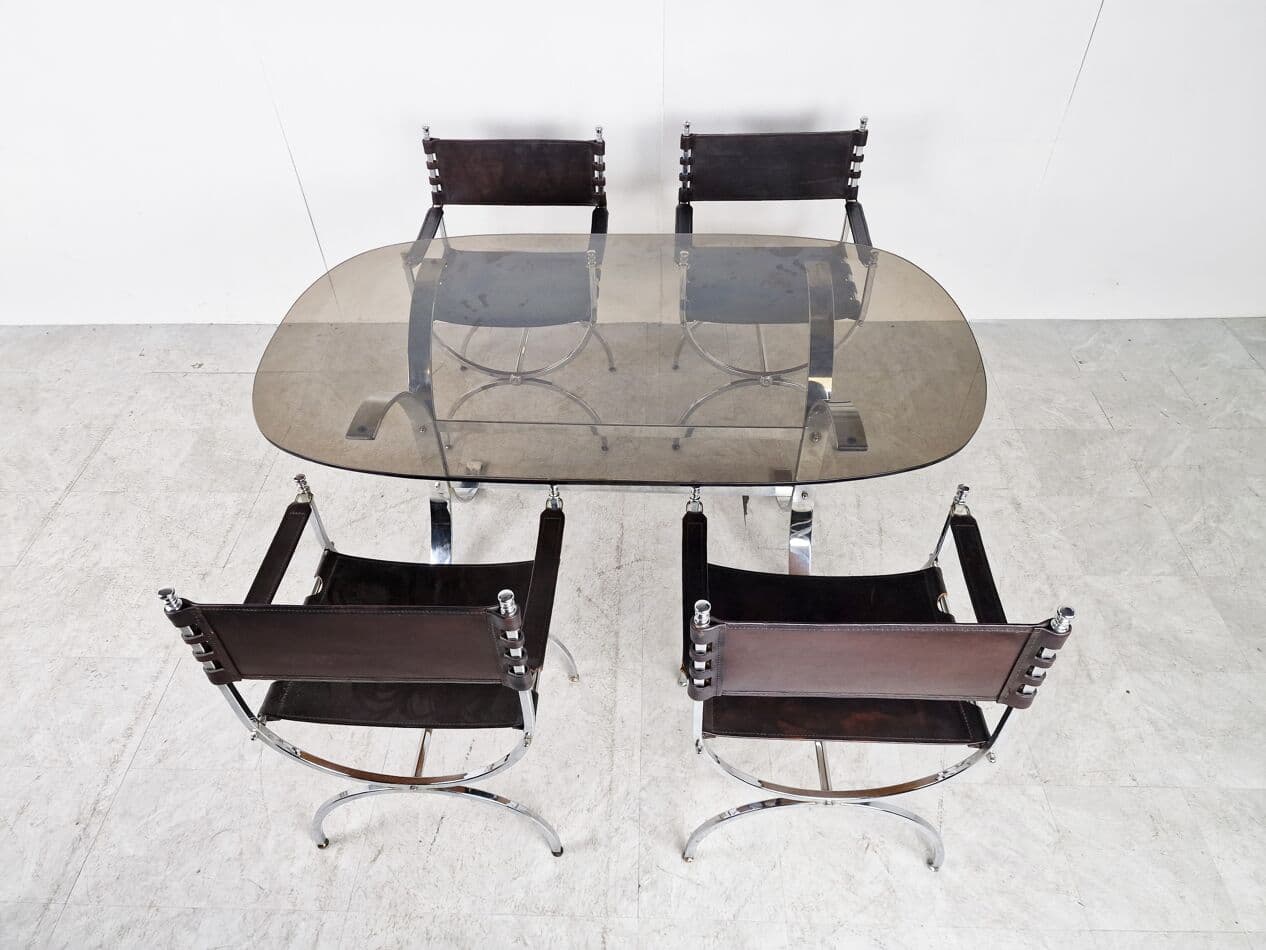 Zestaw jadalniany, skóra brązowa, stal chromowana, szkło przyciemniane, Francja, lata 60. - 265838