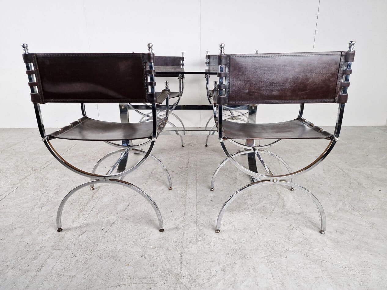 Zestaw jadalniany, skóra brązowa, stal chromowana, szkło przyciemniane, Francja, lata 60. - 265839