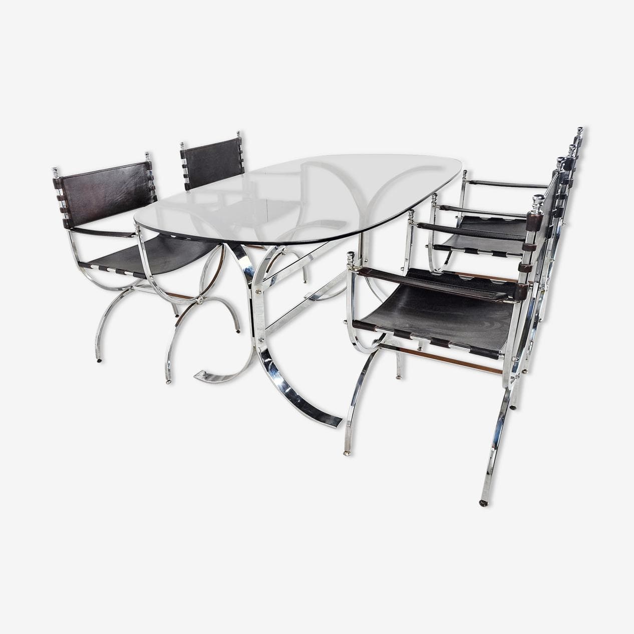 Zestaw jadalniany, skóra brązowa, stal chromowana, szkło przyciemniane, Francja, lata 60. - 265843