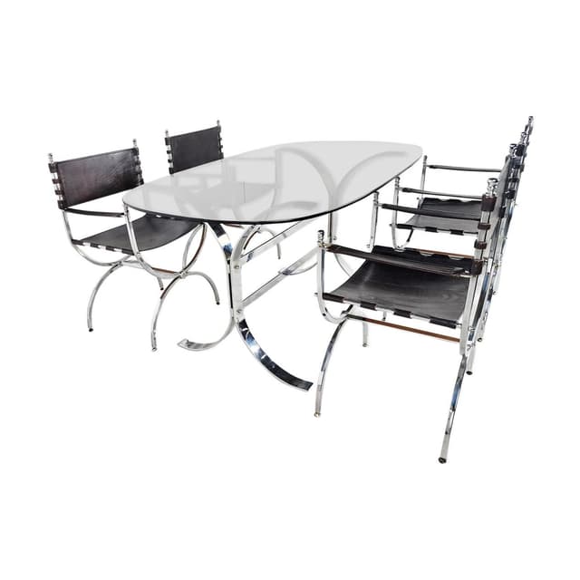 Zestaw jadalniany, skóra brązowa, stal chromowana, szkło przyciemniane, Francja, lata 60. - WYMIARY