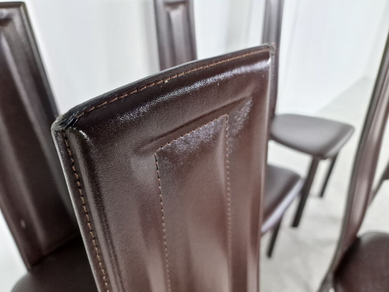 Set of Six Dining Chairs, brown leather, Italy, 1980s. - 265832