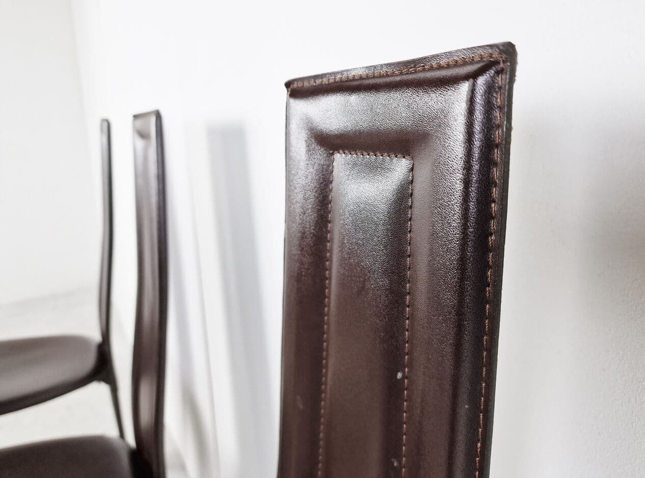 Set of Six Dining Chairs, brown leather, Italy, 1980s. - 265833