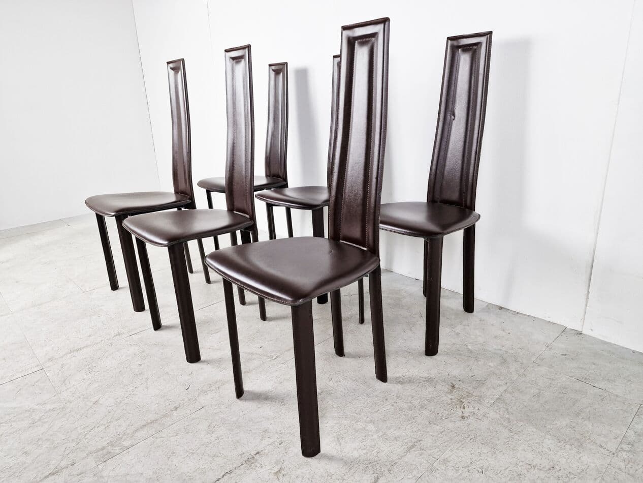 Set of Six Dining Chairs, brown leather, Italy, 1980s. - 265828