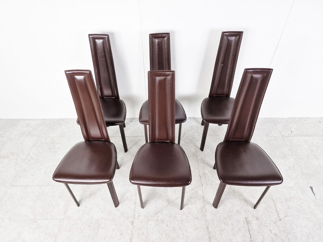 Set of Six Dining Chairs, brown leather, Italy, 1980s. - 265831
