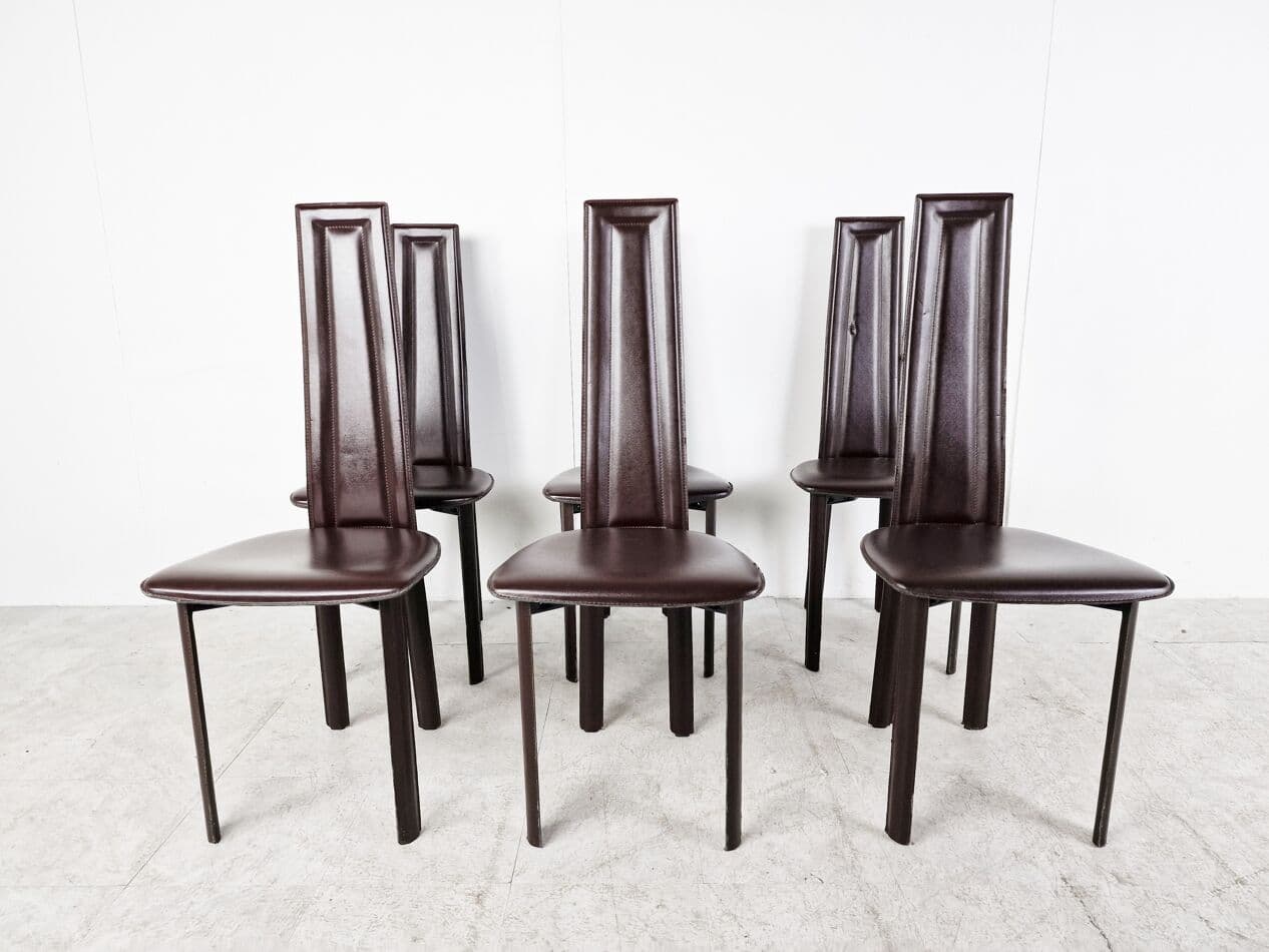 Set of Six Dining Chairs, brown leather, Italy, 1980s. - 265825