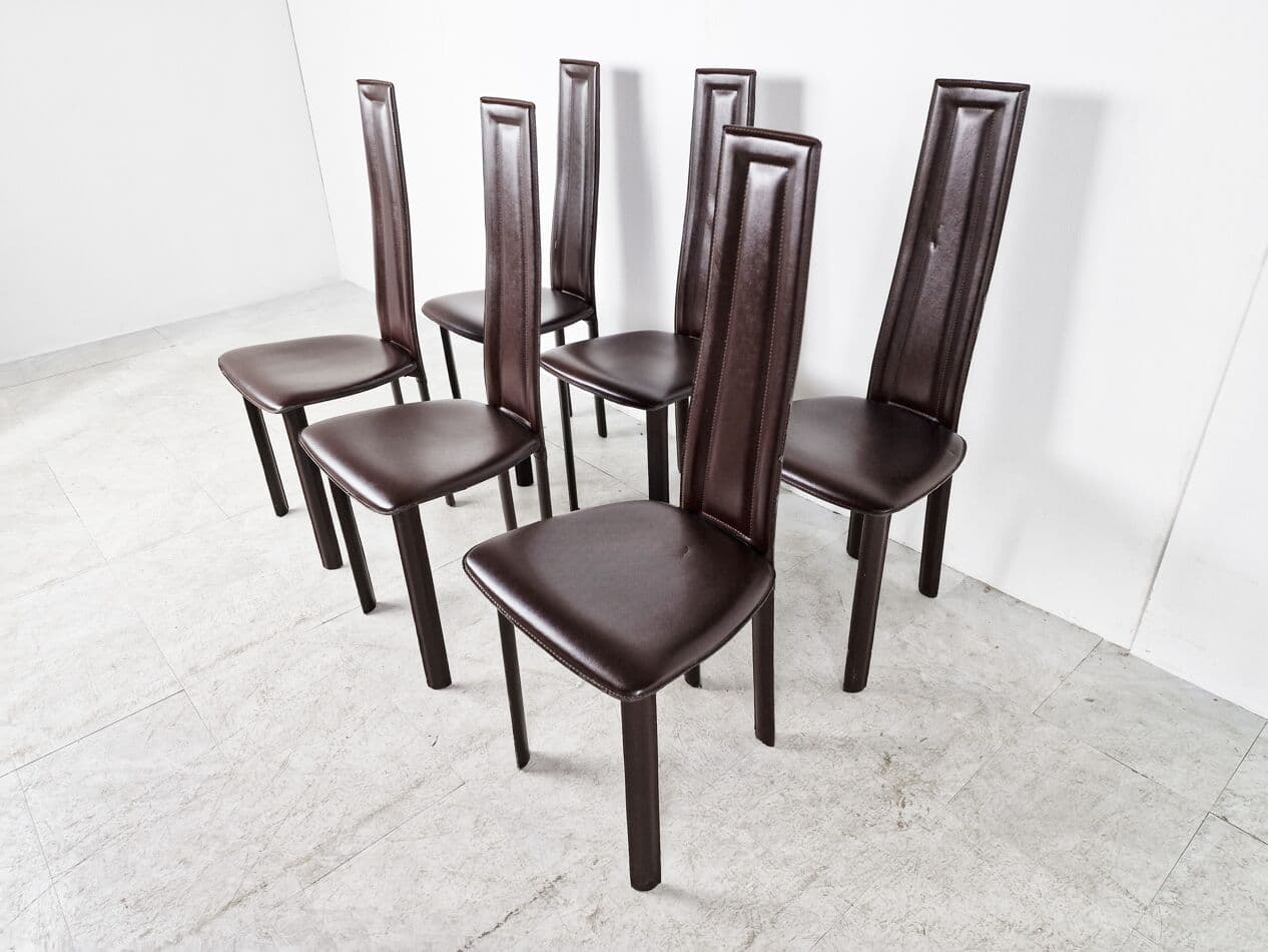 Set of Six Dining Chairs, brown leather, Italy, 1980s. - 265827
