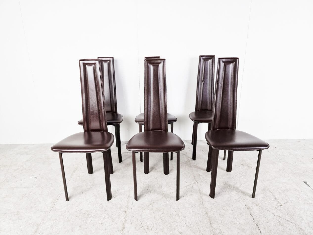 Set of Six Dining Chairs, brown leather, Italy, 1980s. - 265830