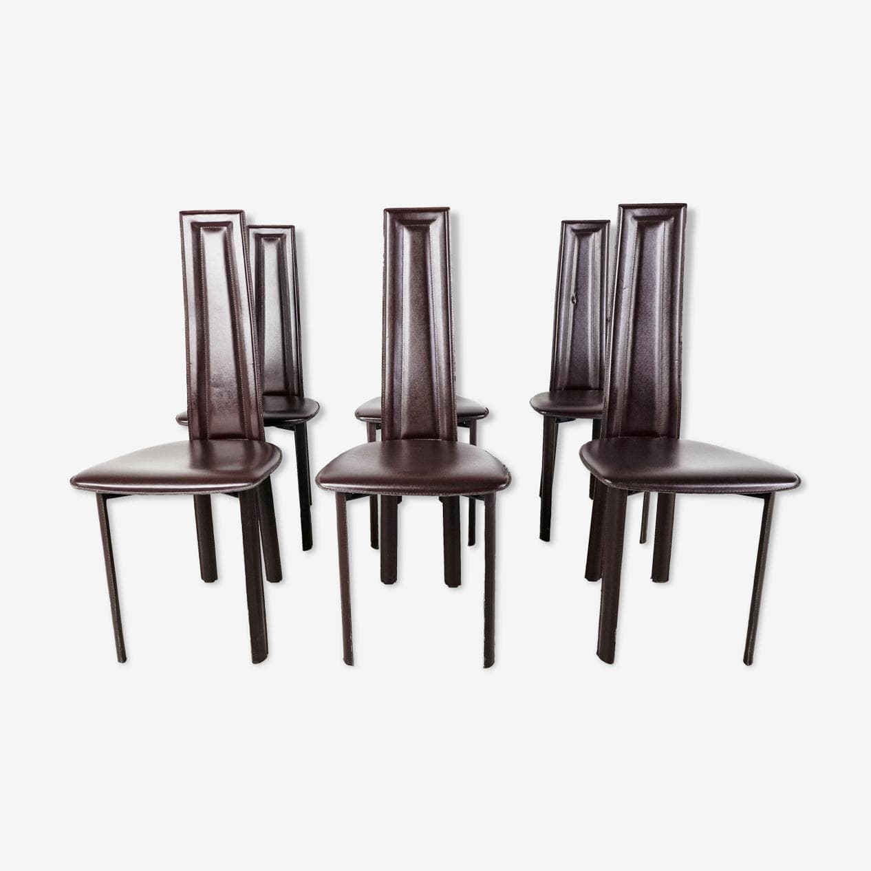 Set of Six Dining Chairs, brown leather, Italy, 1980s. - 265826