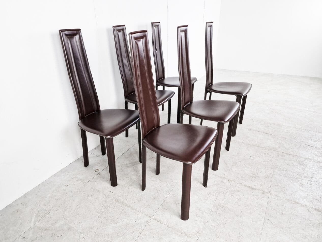 Set of Six Dining Chairs, brown leather, Italy, 1980s. - 265829
