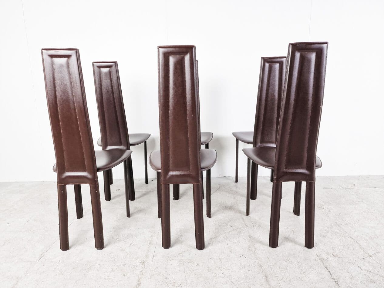 Set of Six Dining Chairs, brown leather, Italy, 1980s. - 265834