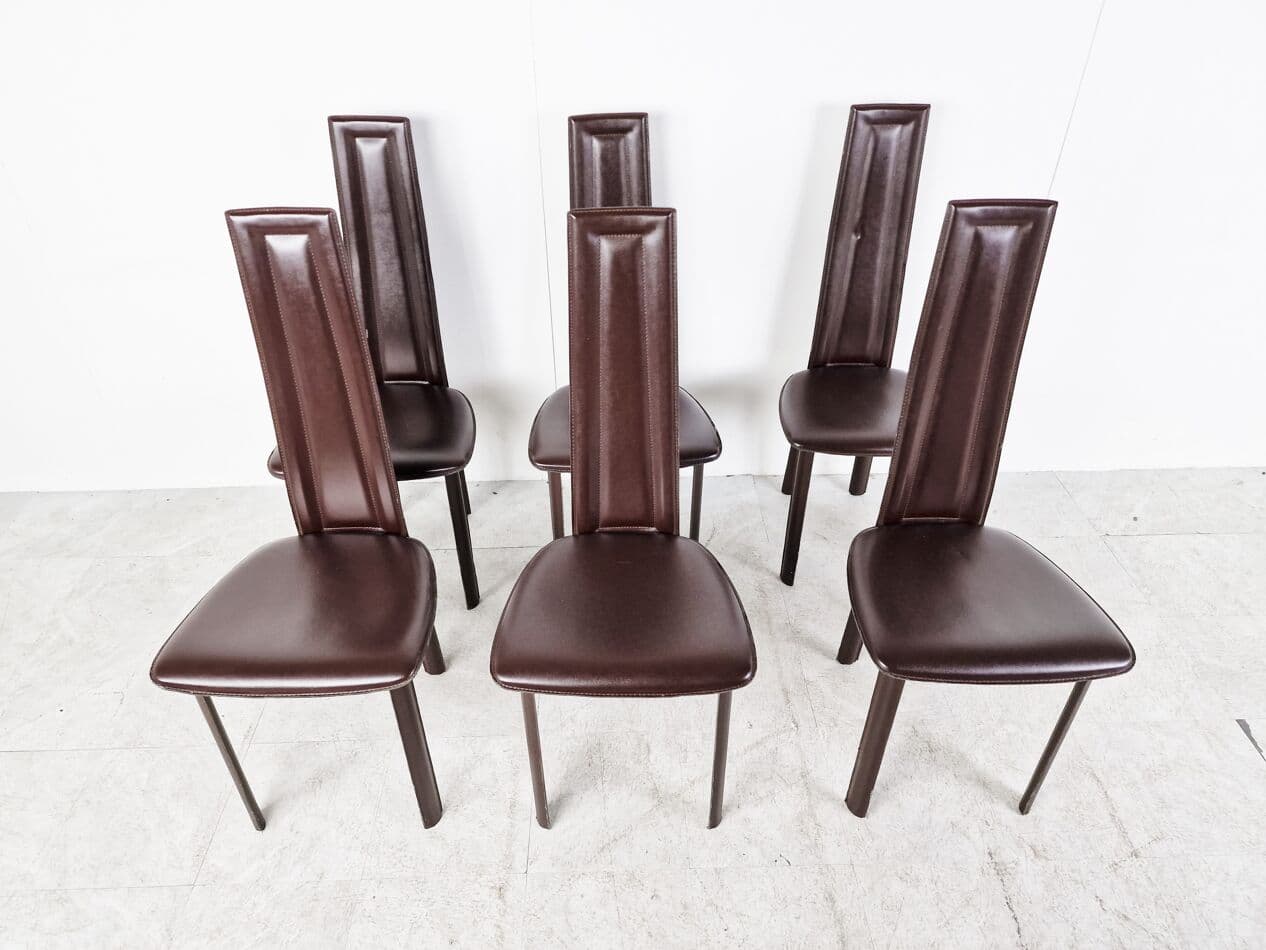 Set of Six Dining Chairs, brown leather, Italy, 1980s. - 265824