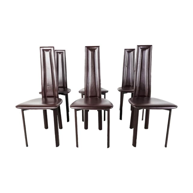 Set of Six Dining Chairs, brown leather, Italy, 1980s. - DIMENSION