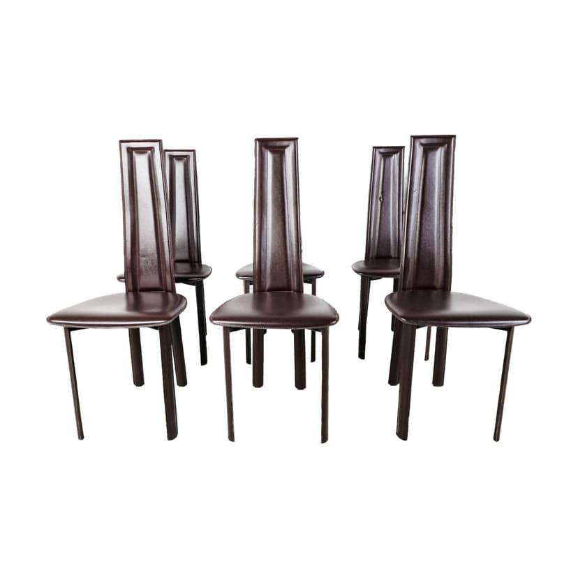 Set of Six Dining Chairs, brown leather, Italy, 1980s.