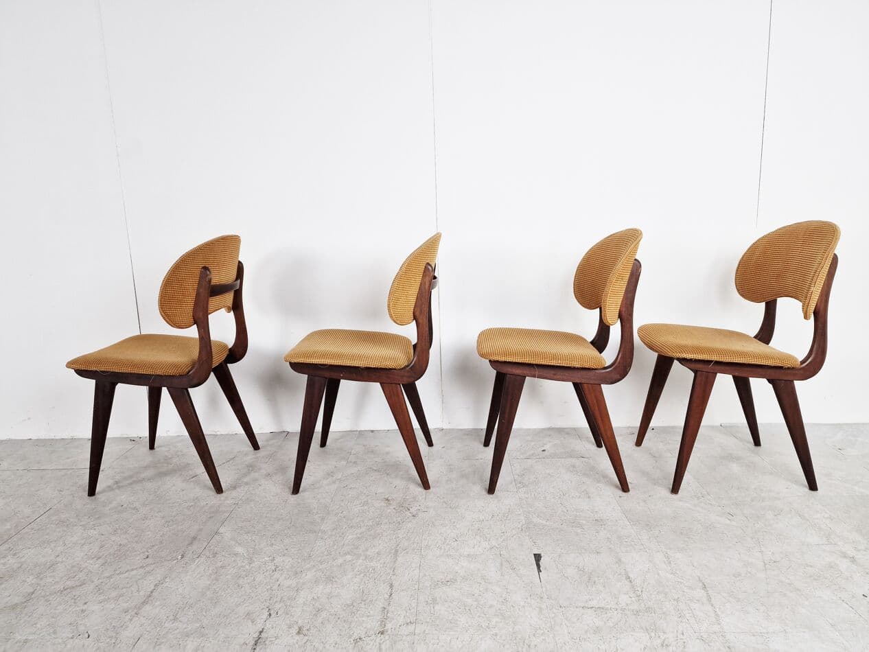Set of four dining chairs, brown teak, ochre corduroy, Denmark, 1960s. - 265819