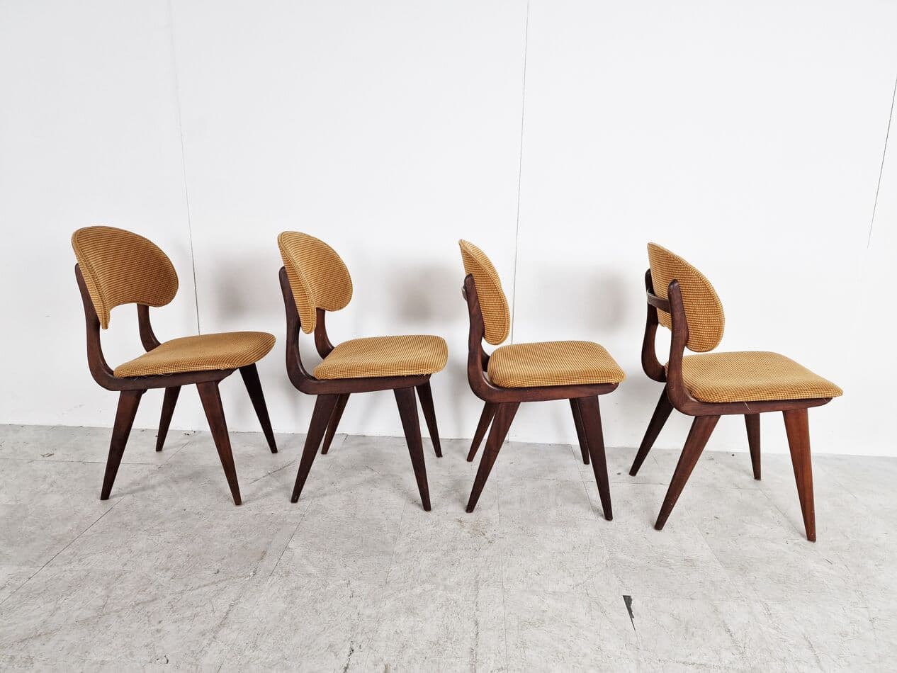 Set of four dining chairs, brown teak, ochre corduroy, Denmark, 1960s. - 265816