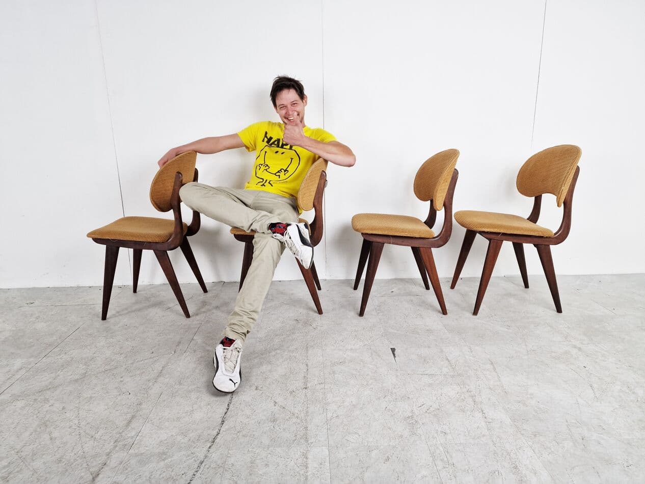 Set of four dining chairs, brown teak, ochre corduroy, Denmark, 1960s. - 265818