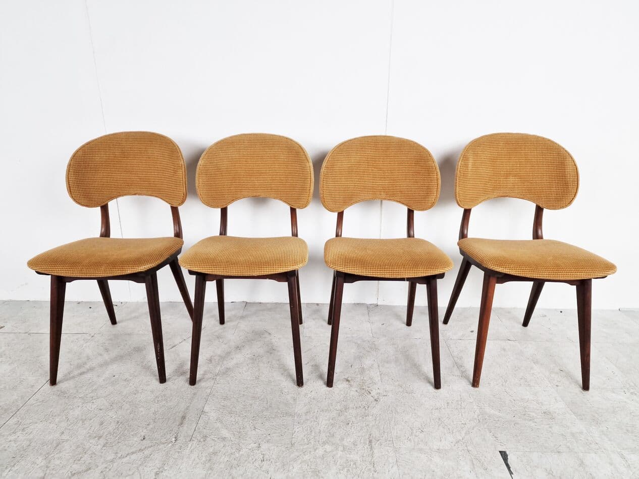 Set of four dining chairs, brown teak, ochre corduroy, Denmark, 1960s. - 265821