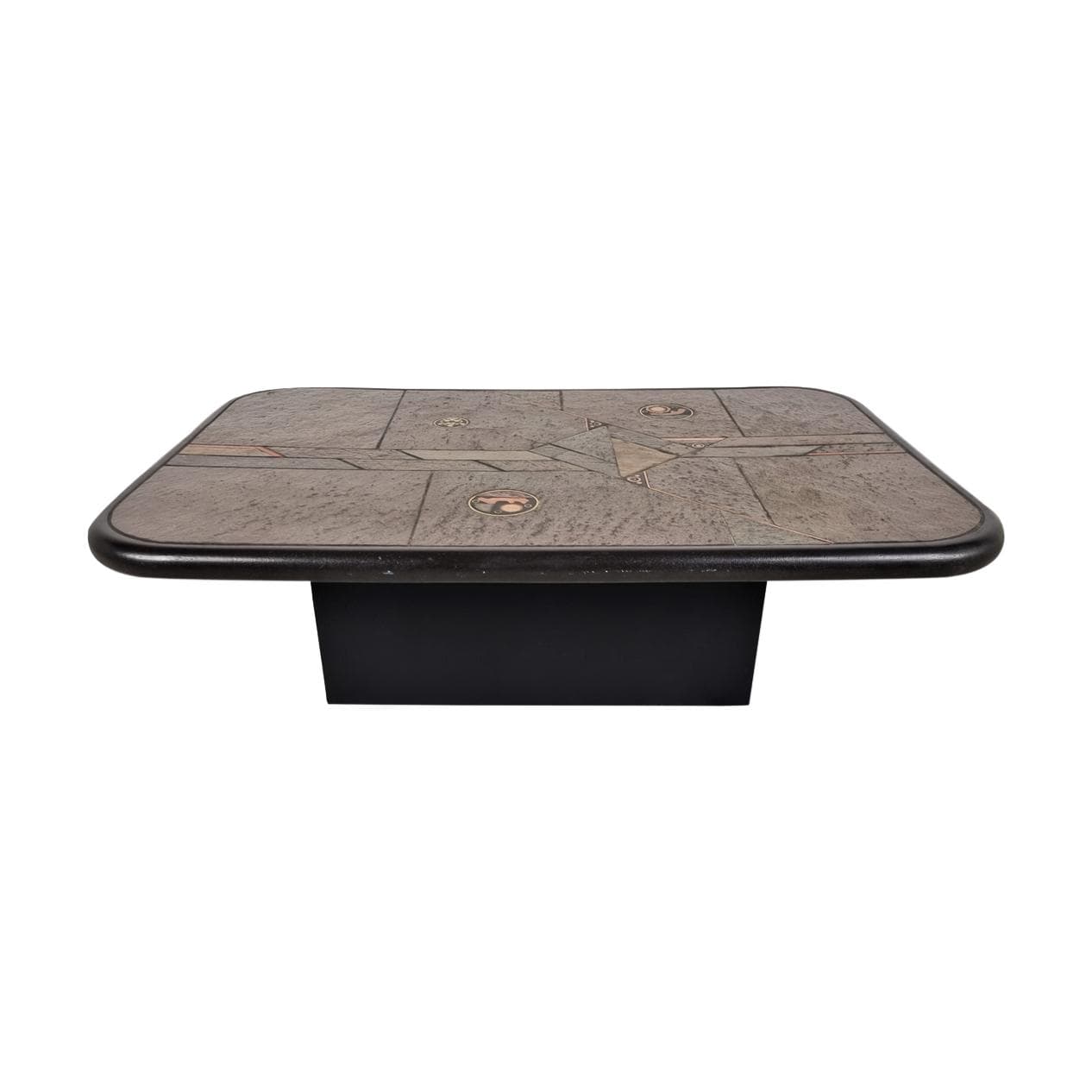 Stolik kawowy brutalistyczny, brązowy, kamień mosiądz miedź drewno, Niemcy, lata 80.