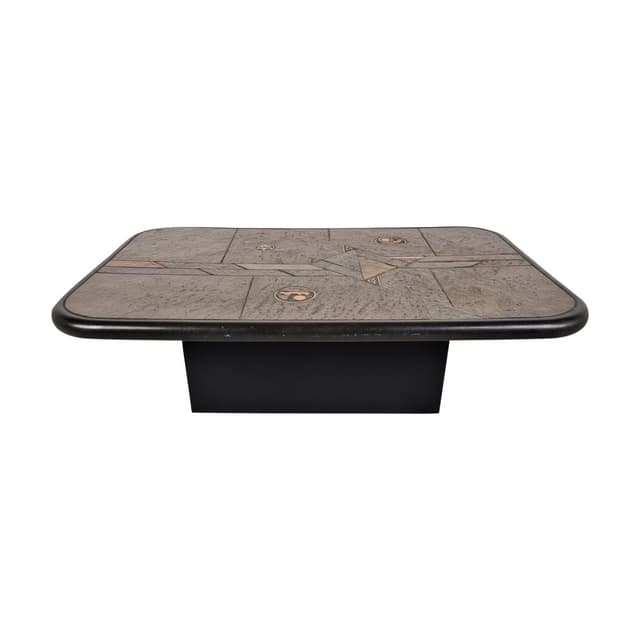 Stolik kawowy brutalistyczny, brązowy, kamień mosiądz miedź drewno, Niemcy, lata 80. - WYMIARY