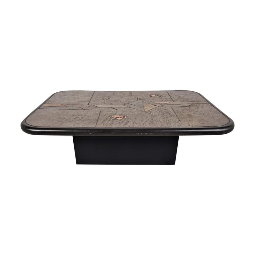 Coffee table Brutalist, brown, stone brass copper wood, Germany, 1980s.