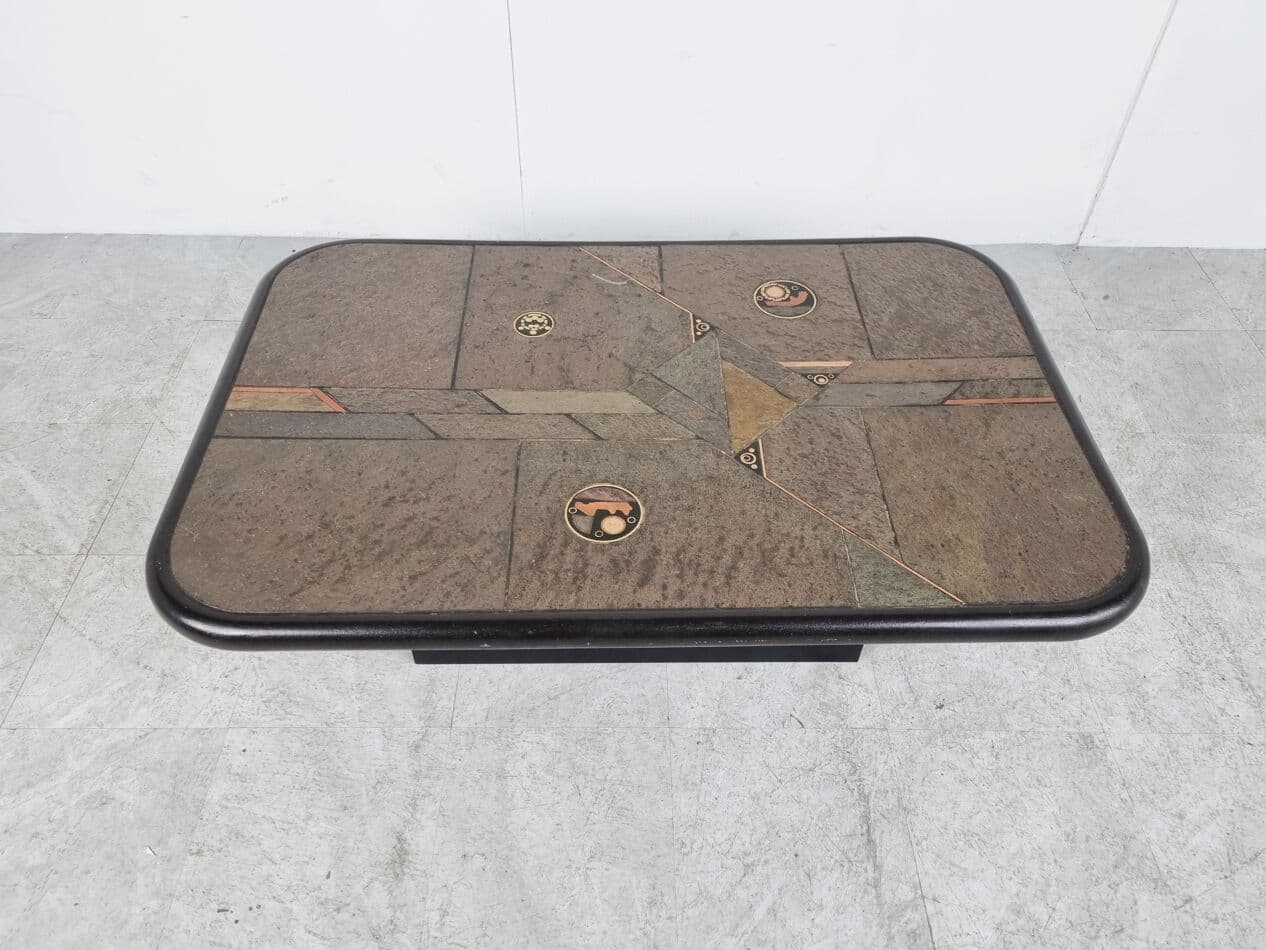 Stolik kawowy brutalistyczny, brązowy, kamień mosiądz miedź drewno, Niemcy, lata 80. - 265731