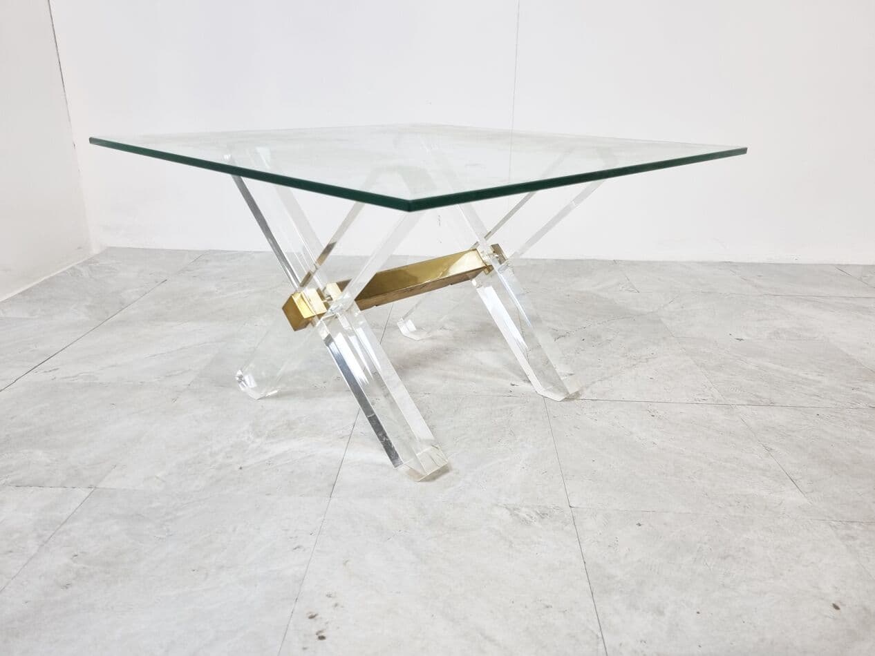 Coffee table, gold, glass, brass, lucite, Belgium, 1970s. - 265606