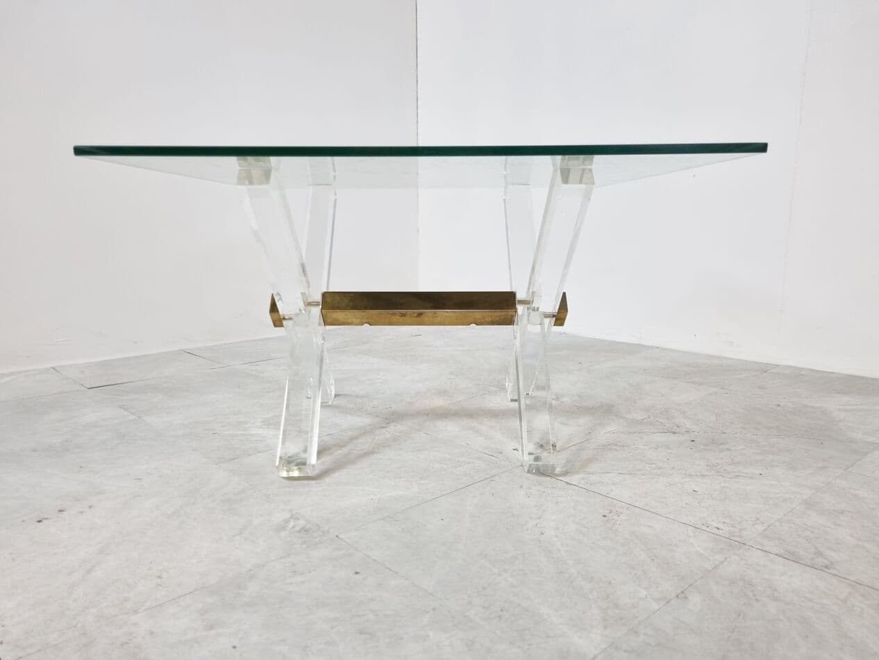 Coffee table, gold, glass, brass, lucite, Belgium, 1970s. - 265605