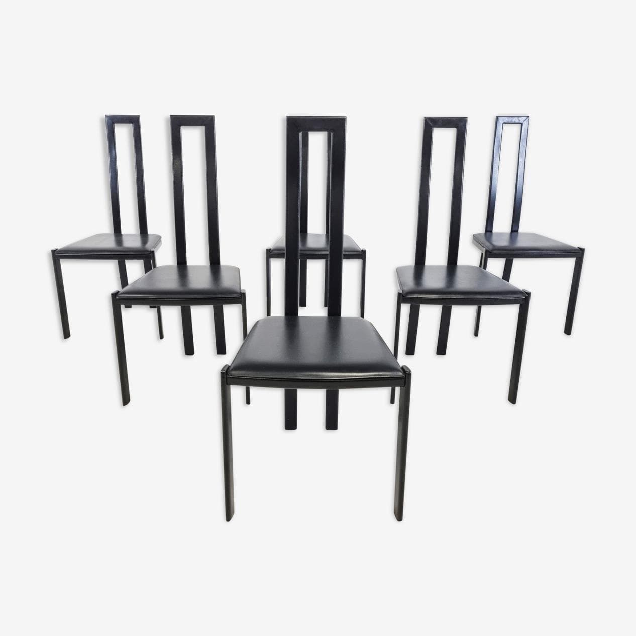 Set of Six Dining Chairs, black metal, black leather, Italy, 1980s. - 265589