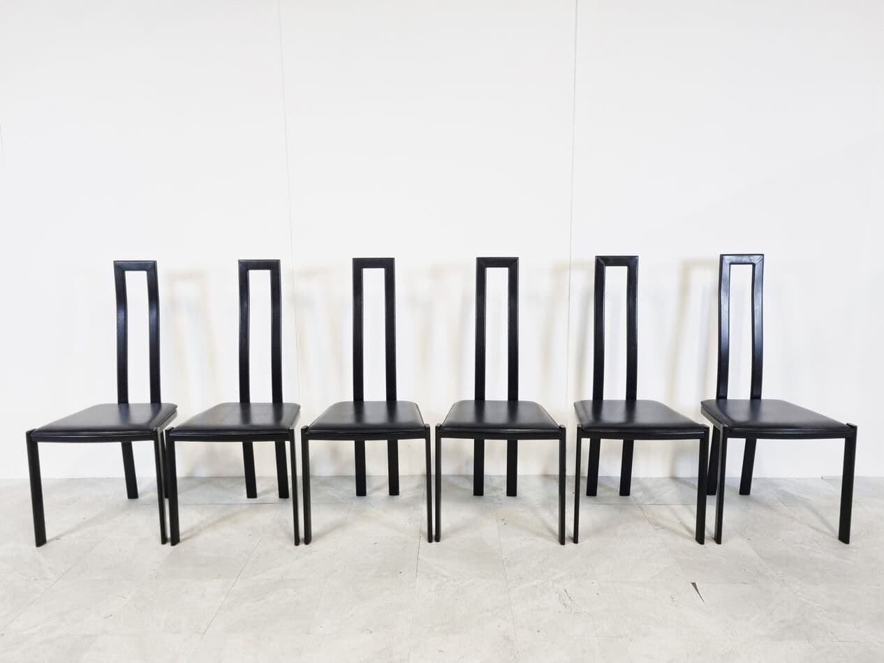 Set of Six Dining Chairs, black metal, black leather, Italy, 1980s. - 265581