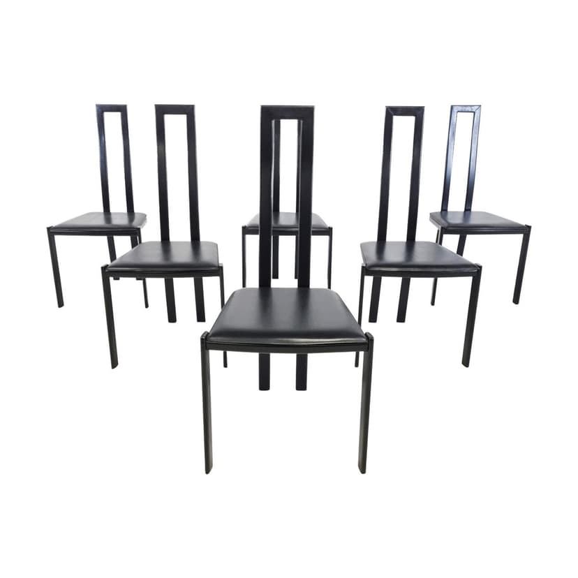 Set of Six Dining Chairs, black metal, black leather, Italy, 1980s.