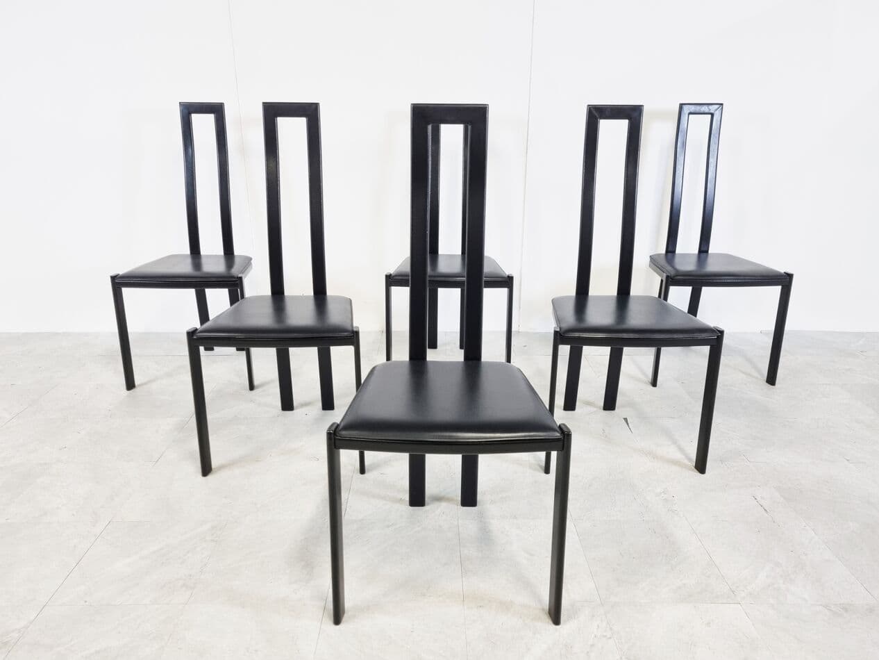 Set of Six Dining Chairs, black metal, black leather, Italy, 1980s. - 265588