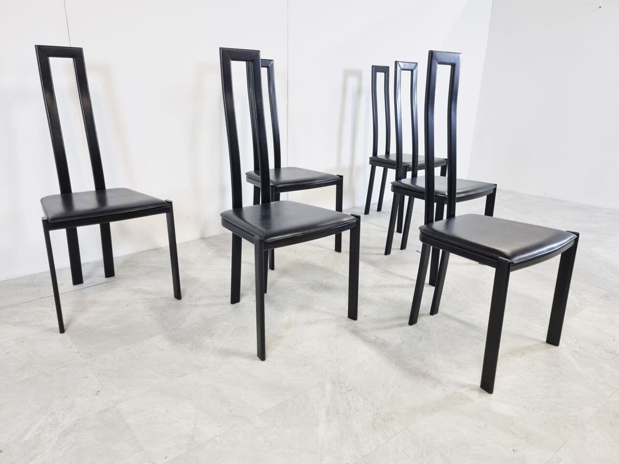 Set of Six Dining Chairs, black metal, black leather, Italy, 1980s. - 265583